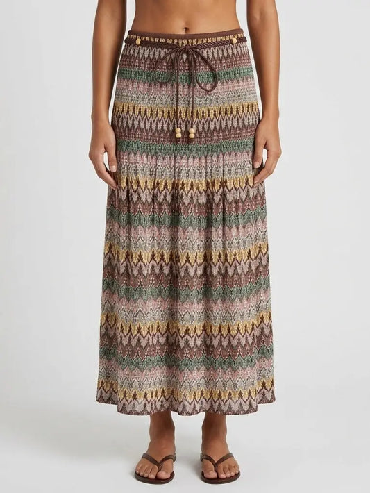 Multicolored Vintage Print Skirt with Beaded Rope - Small - Skirts