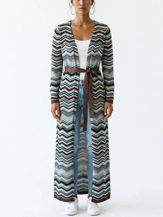Stirrups Printed Long Belted Cardigan - Small / Blue - Sweaters & Knitwear