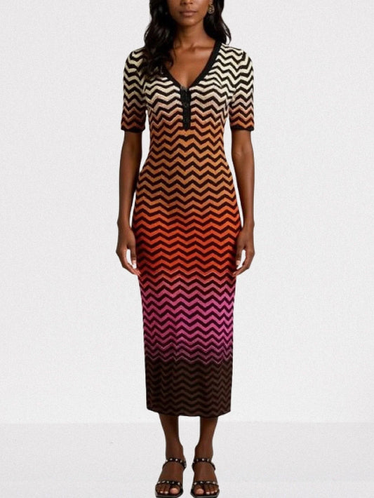 Multicolored Zigzag Knit V Neck Midi Dress S Dresses
