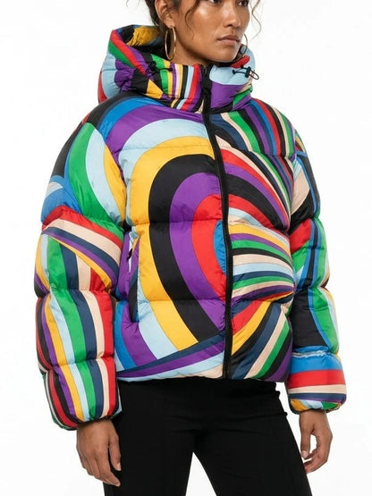 Multicolored Abstract Hooded Down Puffer Jacket - Jackets