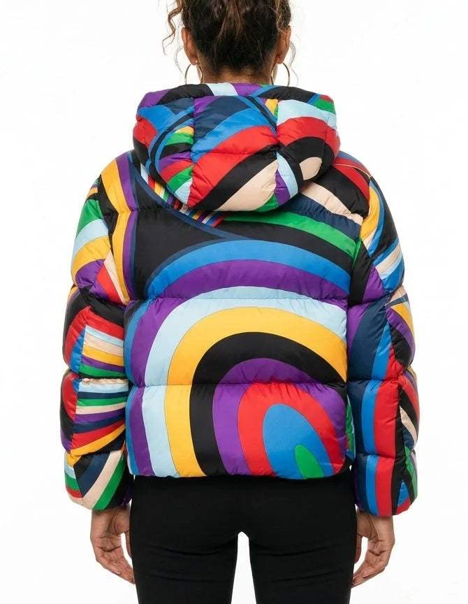 Multicolored Abstract Hooded Down Puffer Jacket - Jackets