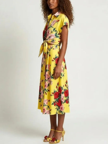 Multicolored Floral Print Top and Skirt Set in Yellow - Suits & Sets