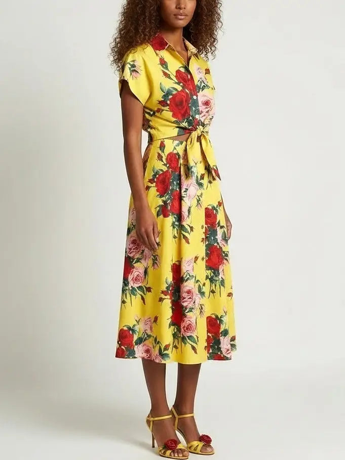 Multicolored Floral Print Top and Skirt Set in Yellow - Suits & Sets