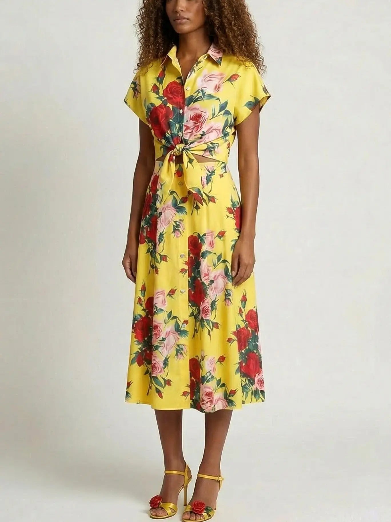 Multicolored Floral Print Top and Skirt Set in Yellow - Suits & Sets