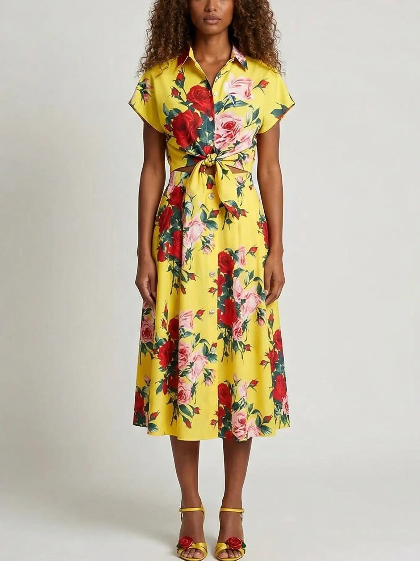 Multicolored Floral Print Top and Skirt Set in Yellow - Suits & Sets