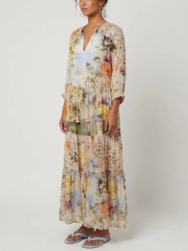 Multicolored Floral Silk Maxi Dress with Tassel Ties - Dresses