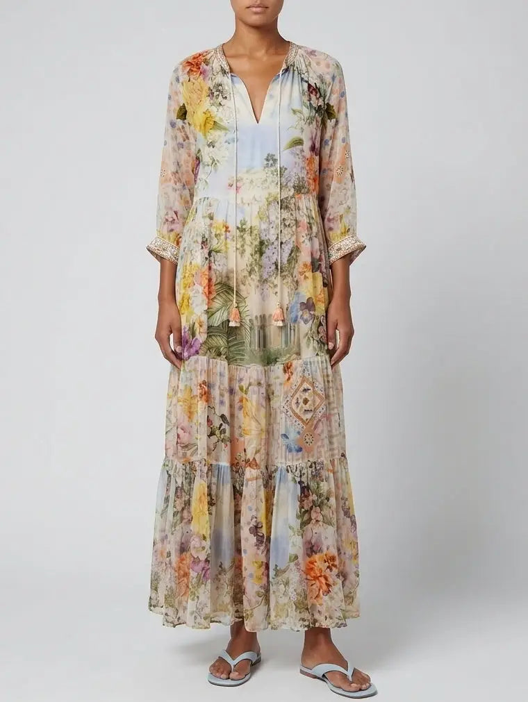 Multicolored Floral Silk Maxi Dress with Tassel Ties - Dresses
