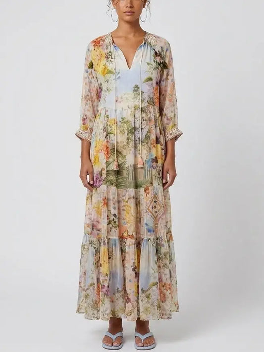 Multicolored Floral Silk Maxi Dress with Tassel Ties - Dresses