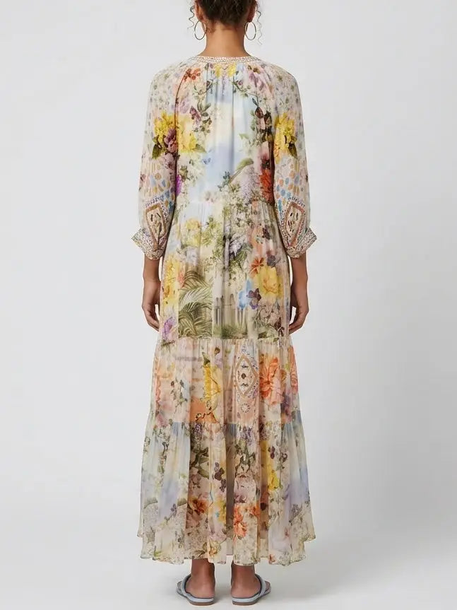 Multicolored Floral Silk Maxi Dress with Tassel Ties - Dresses