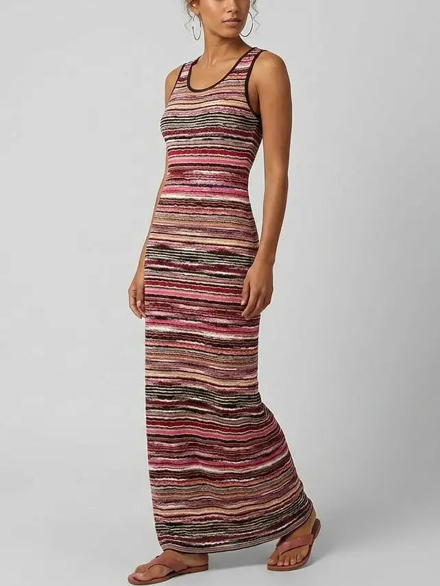 Multicolored Striped Stretch Knit Maxi Tank Dress - Dresses