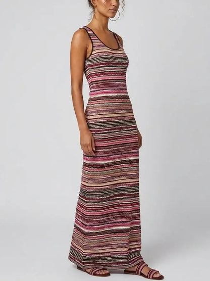 Multicolored Striped Stretch Knit Maxi Tank Dress - Dresses
