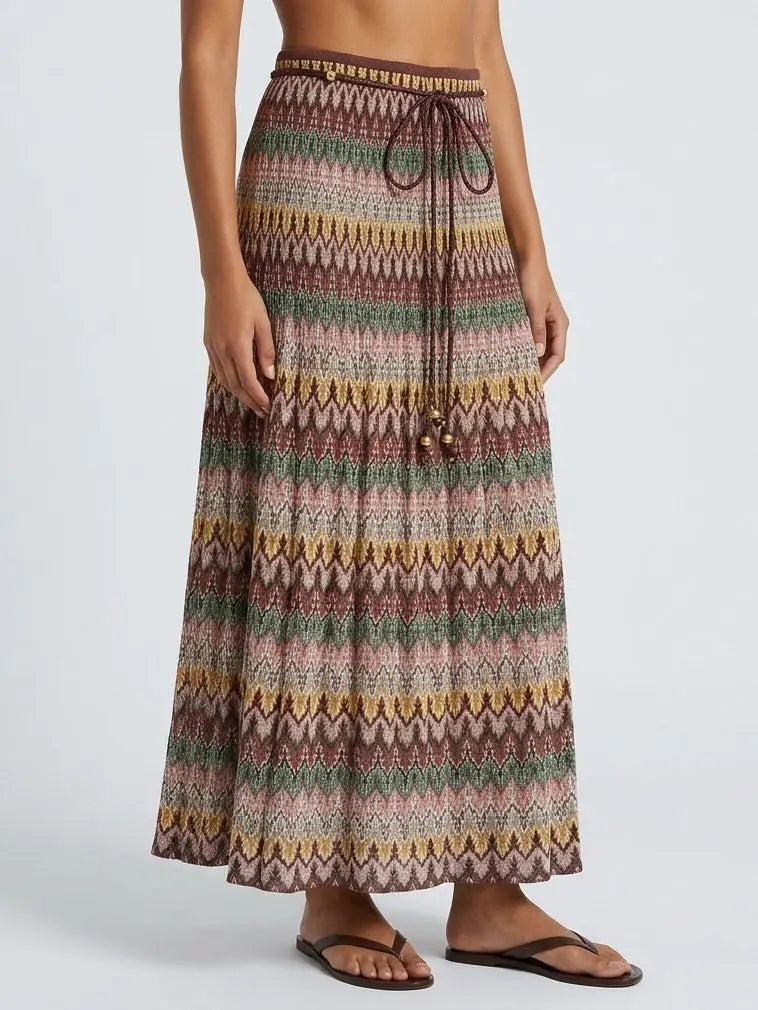 Multicolored Vintage Print Skirt with Beaded Rope - Skirts
