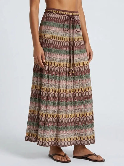 Multicolored Vintage Print Skirt with Beaded Rope - Skirts