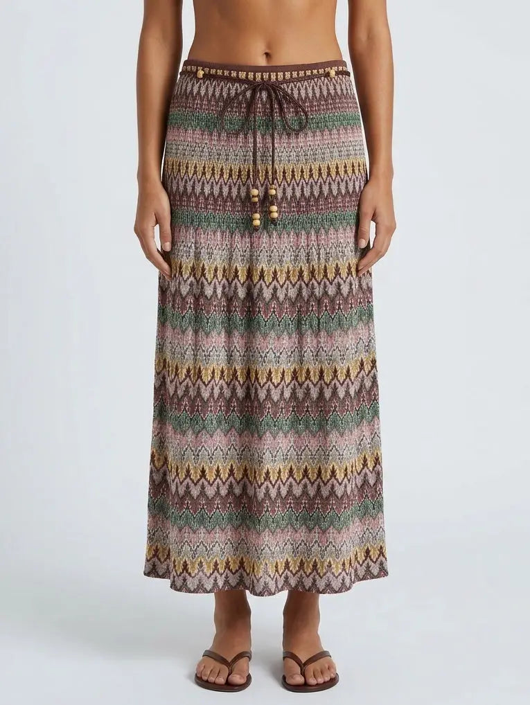 Multicolored Vintage Print Skirt with Beaded Rope - Skirts