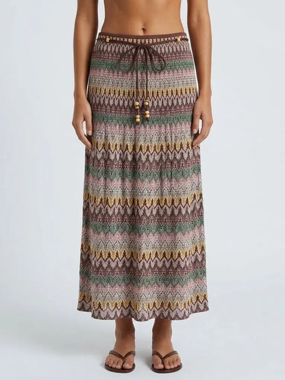 Multicolored Vintage Print Skirt with Beaded Rope - Skirts