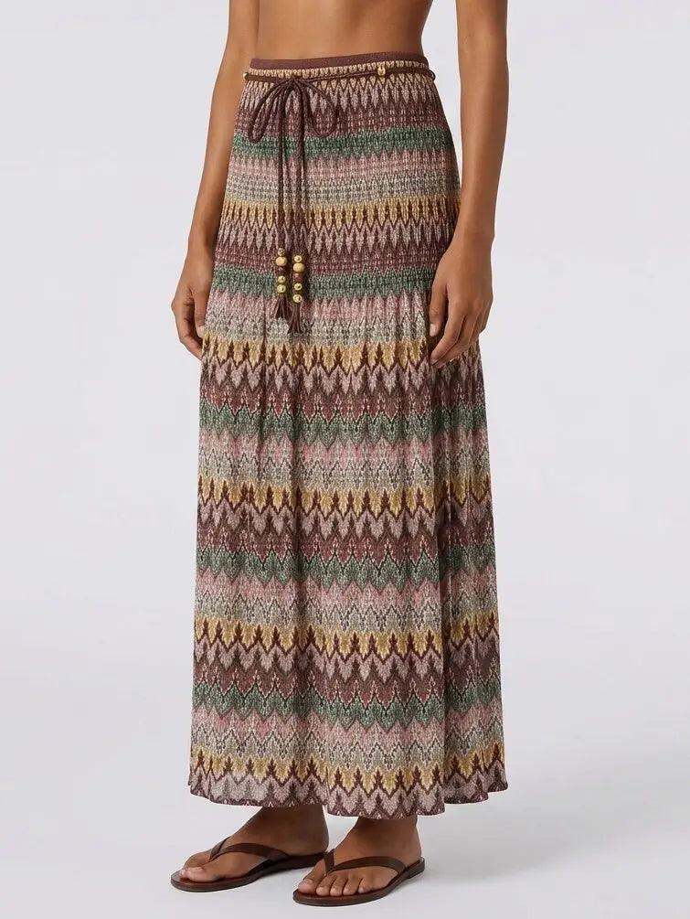 Multicolored Vintage Print Skirt with Beaded Rope - Skirts