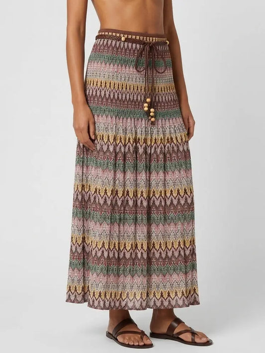 Multicolored Vintage Print Skirt with Beaded Rope - Skirts
