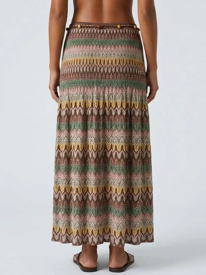 Multicolored Vintage Print Skirt with Beaded Rope - Skirts