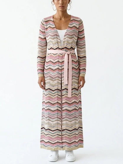 Stirrups Printed Long Belted Cardigan - Small / Pink - Sweaters & Knitwear