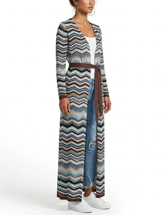 Stirrups Printed Long Belted Cardigan - Sweaters & Knitwear