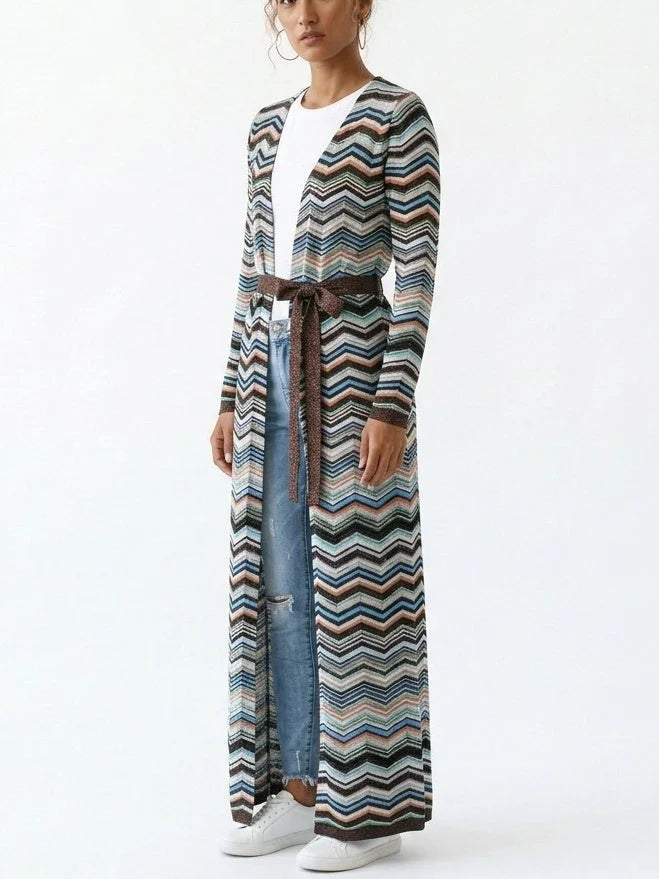 Stirrups Printed Long Belted Cardigan - Sweaters & Knitwear