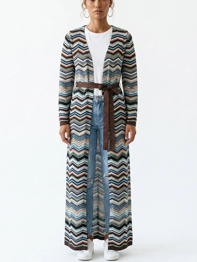 Stirrups Printed Long Belted Cardigan - Sweaters & Knitwear