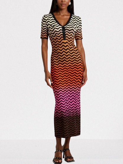 Multicolored Zigzag Knit V Neck Midi Dress Dresses