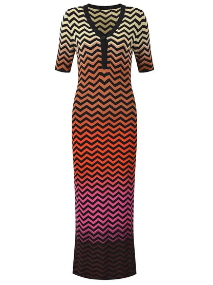 Multicolored Zigzag Knit V Neck Midi Dress Dresses