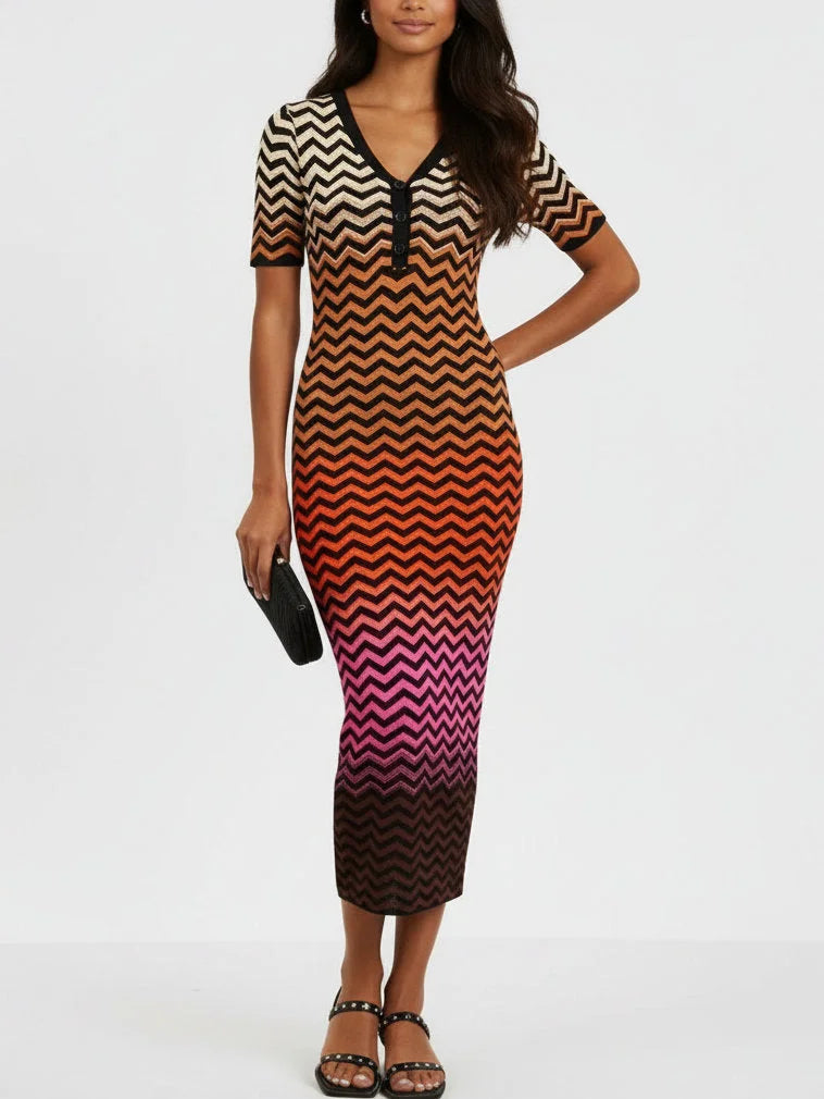 Multicolored Zigzag Knit V Neck Midi Dress Dresses