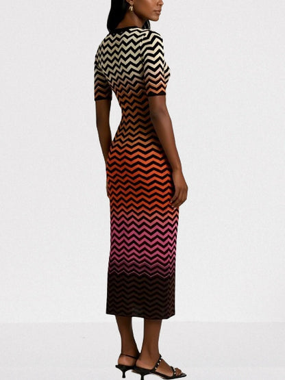 Multicolored Zigzag Knit V Neck Midi Dress Dresses