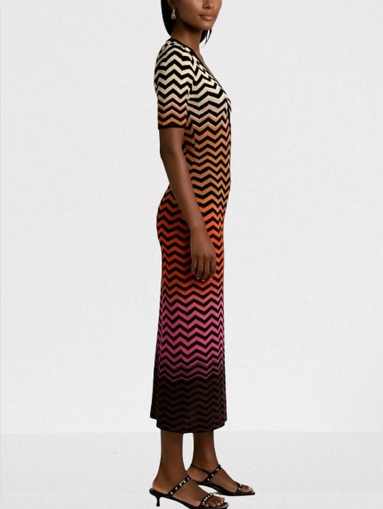 Multicolored Zigzag Knit V Neck Midi Dress Dresses
