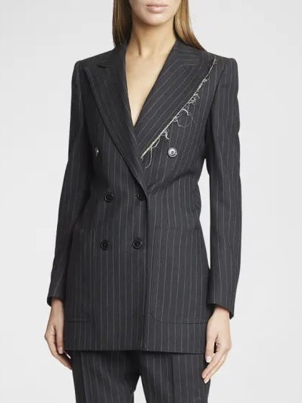 Pinstripe Double-Breasted Wool and Silk Frayed-Collar Blazer Branna Couture