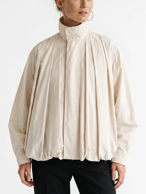 Natural Cotton High-Neck Pleated Jacket - S - Jackets