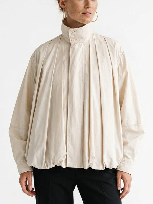 Natural Cotton High-Neck Pleated Jacket - S - Jackets