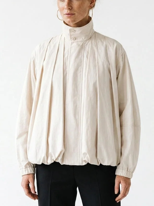 Natural Cotton High-Neck Pleated Jacket - Jackets