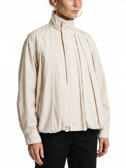 Natural Cotton High-Neck Pleated Jacket - Jackets