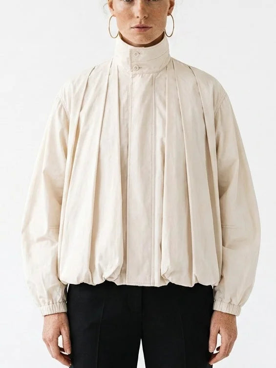 Natural Cotton High-Neck Pleated Jacket - Jackets
