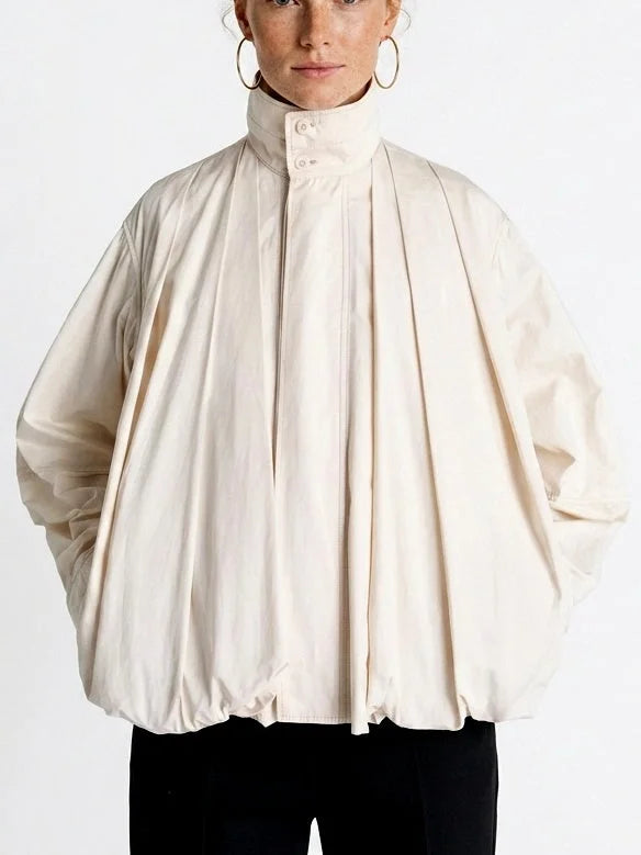 Natural Cotton High-Neck Pleated Jacket - Jackets