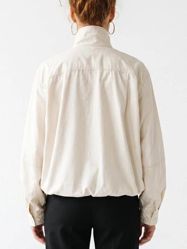 Natural Cotton High-Neck Pleated Jacket - Jackets