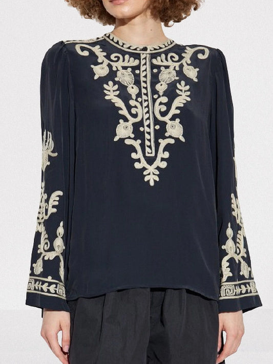 Navy Crepe Blouse with Contrast Embroidery - Small - Tops