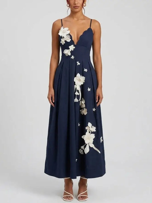 Navy Linen Maxi Dress with 3D Floral Embroidery - S - Dresses