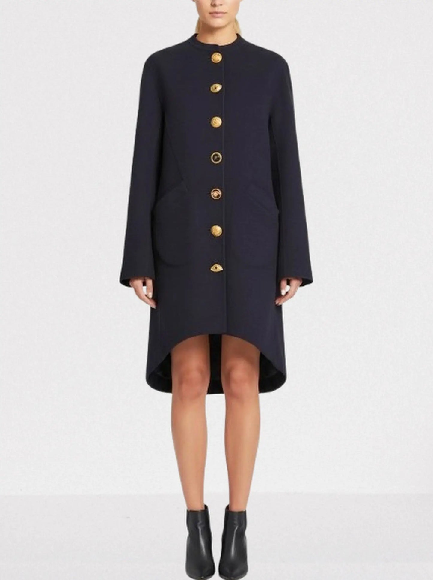 Navy Mandarin Collar Wool-Blend Coat with Gold Buttons - Small - Coats