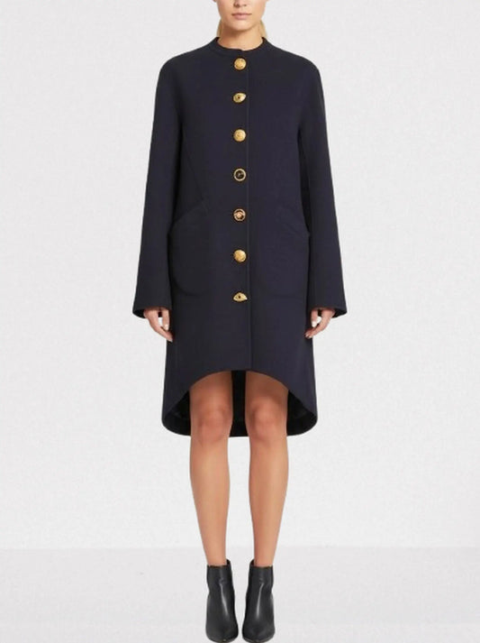 Navy Mandarin Collar Wool-Blend Coat with Gold Buttons - Small - Coats