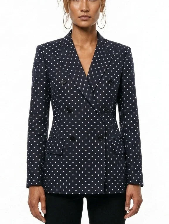 Navy Polka Dot Double Breasted Tailored Blazer - S - Jackets