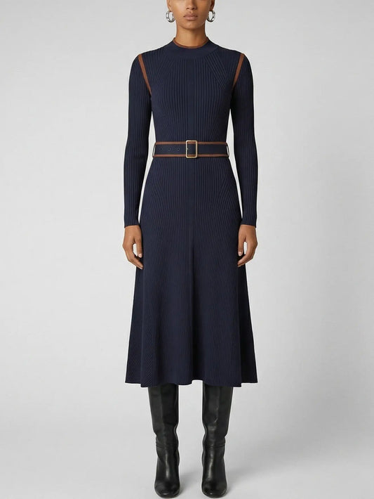 Navy Ribbed Knit Midi Dress with Brown Contrast Trim - S - Dresses