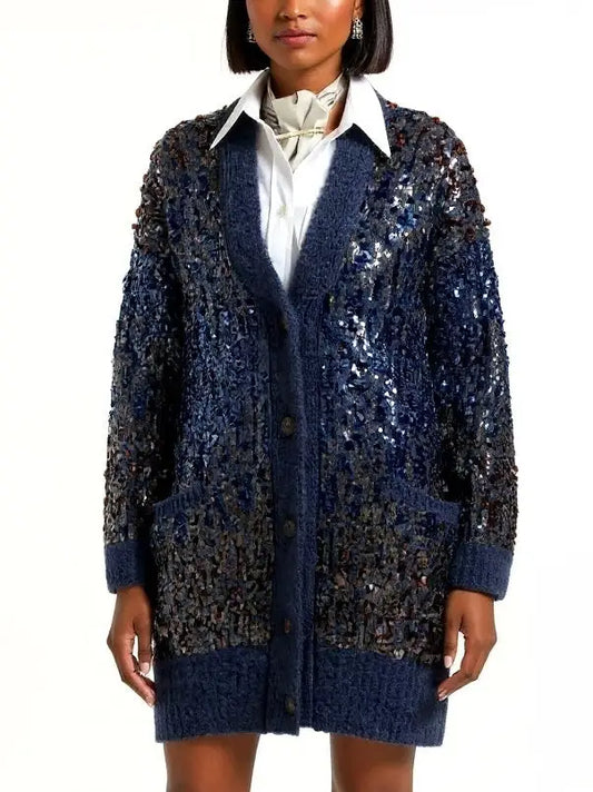 Navy Wool-Mohair Long Sequined Cardigan - Small - Sweaters & Knitwear