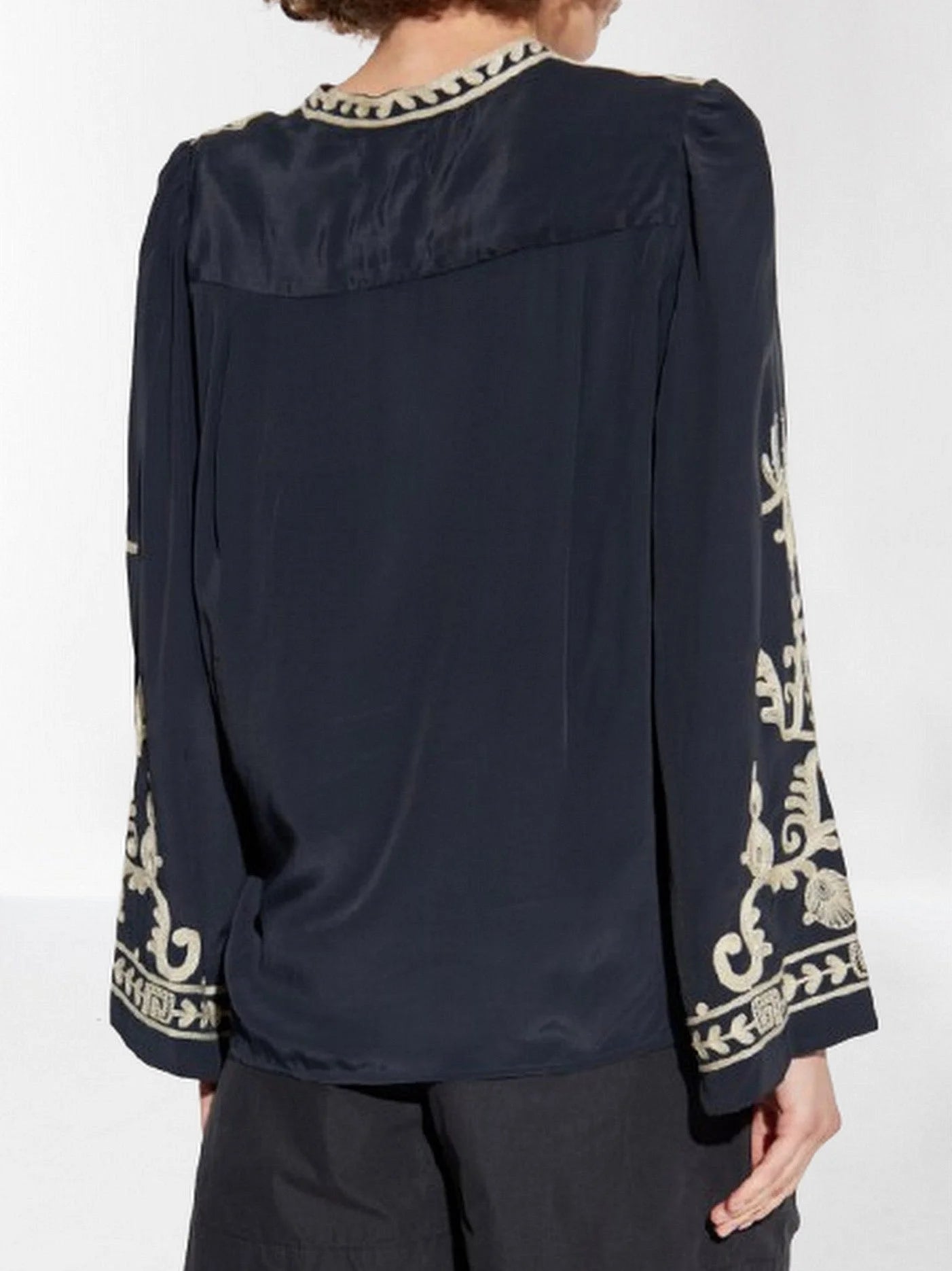 Navy Crepe Blouse with Contrast Embroidery - Tops