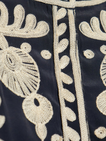 Navy Crepe Blouse with Contrast Embroidery - Tops
