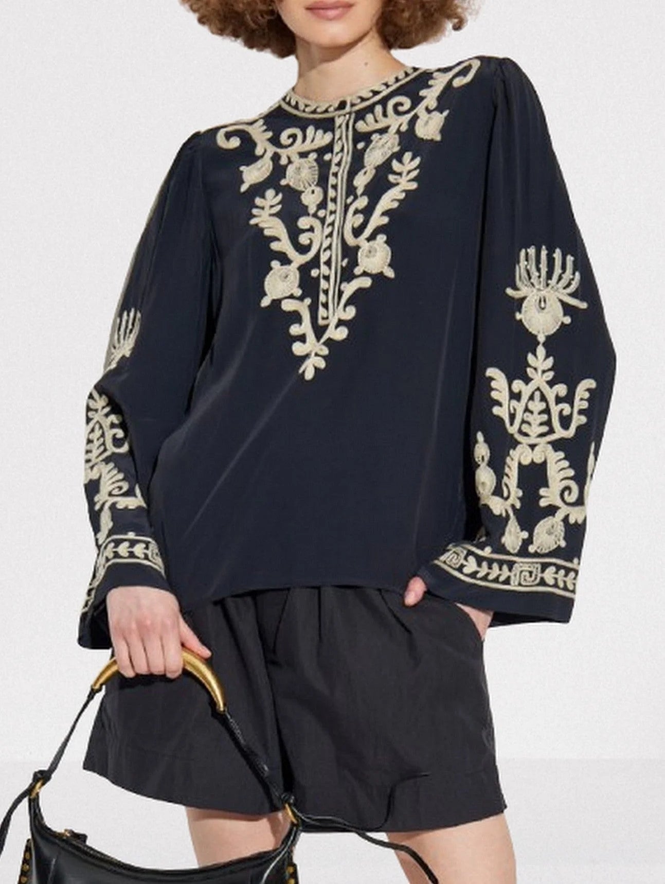 Navy Crepe Blouse with Contrast Embroidery - Tops