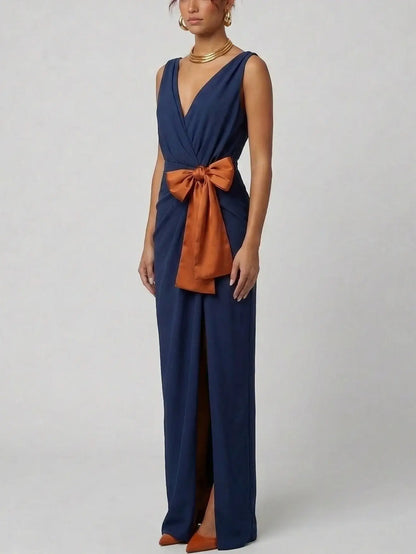 Navy Draped Maxi Dress with Contrast Bows - Dresses